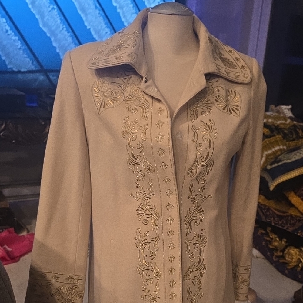 Heavily Embroidered Thin Wool Beige Jacket Trench Coat